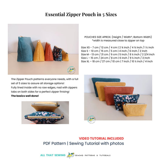 Basic Zipper Pouch Pattern 5 Sizes description