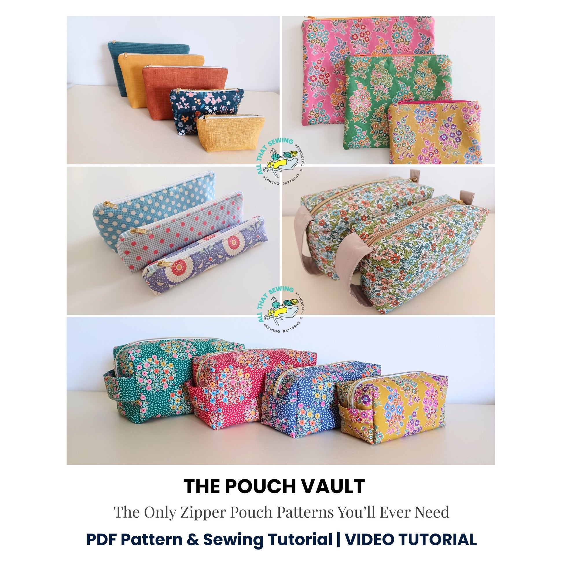 sample of zipper pouches made with the sewing patterns