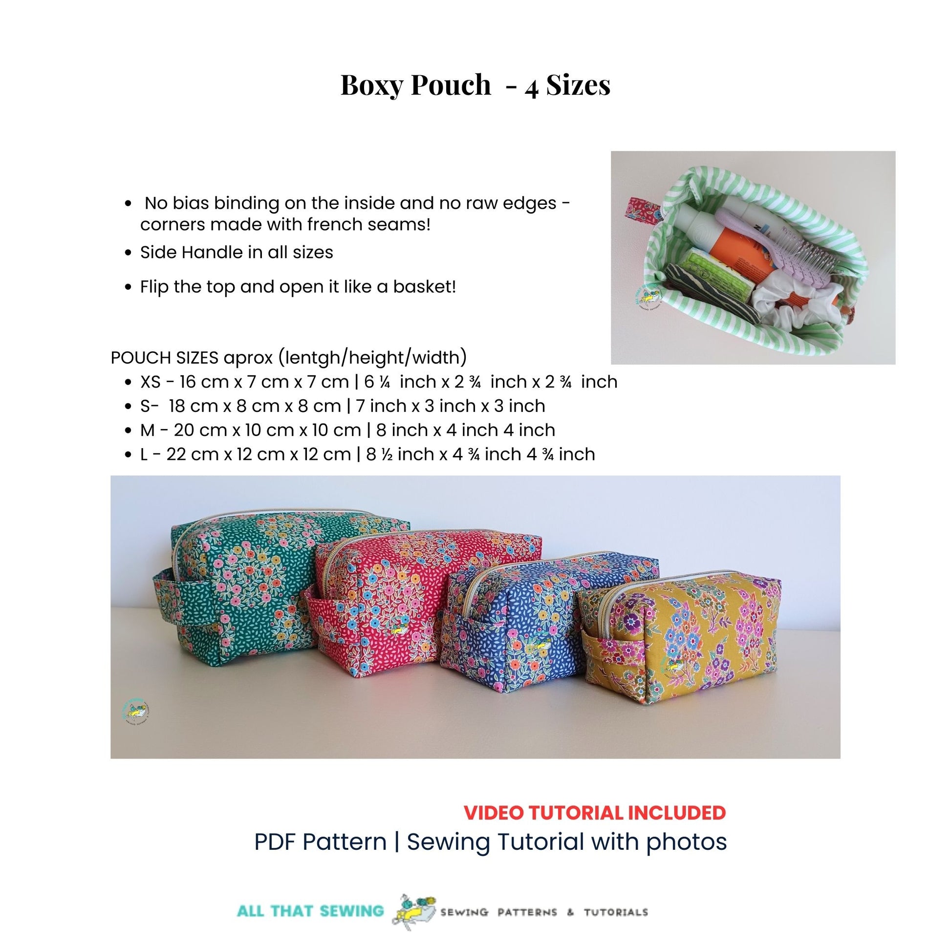 boxy pouch 4 sizes sewing pattern description