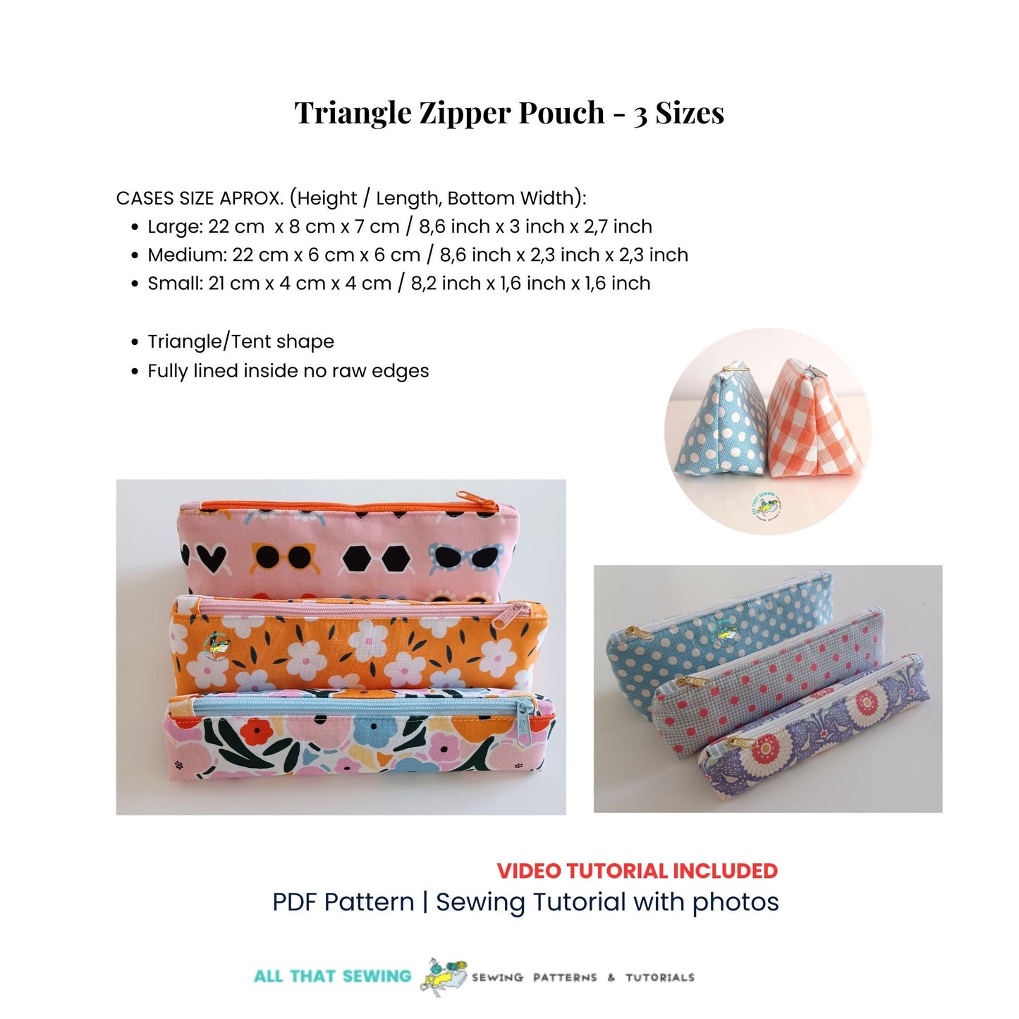 triangle zipper pouch 3 sizes sewing pattern description